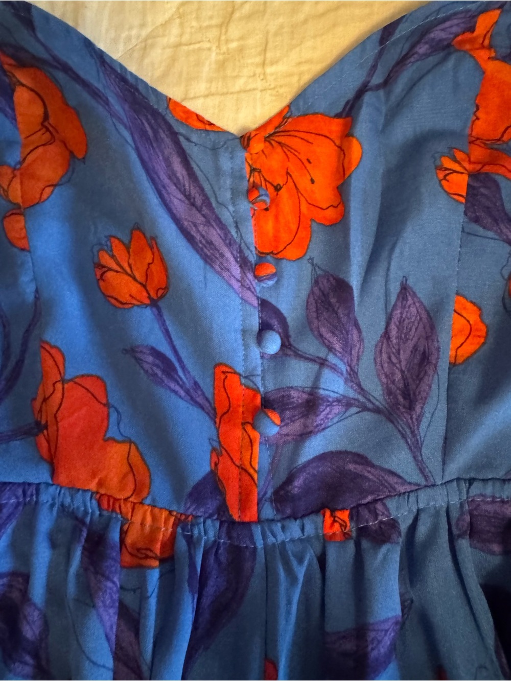Blue Floral Spaghetti-Strap Jumpsuit with Orange Print - Picture 3 of 4
